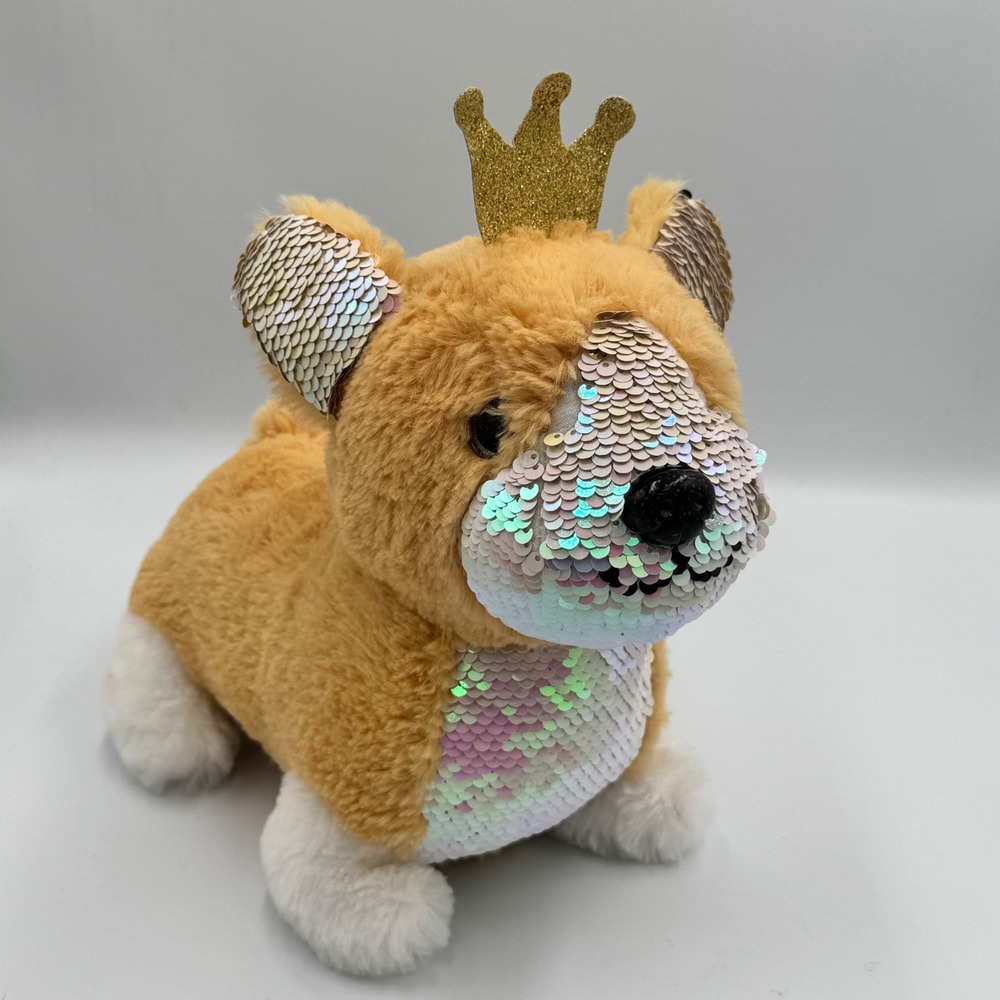 Justice Corgi Dog Plush 8in Reversible Flip Sequins Gold Crown Tan White